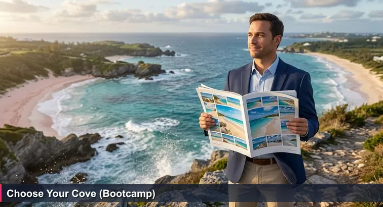 Bermudian professional on South Shore cliff path at golden hour, holding a glossy ‘Top 10 Bermuda Beaches’ magazine with Horseshoe Bay and coastline visible below.