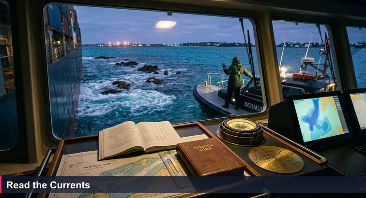Evening scene off Bermuda’s North Shore: a large container ship and small pilot boat navigating a narrow reef gap, digital charts glowing on the ship’s bridge.