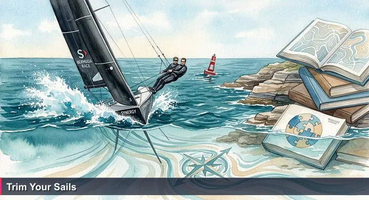 A racing sailboat off Hamilton Harbour with a black carbon sail, spray off the bow, a bright orange race buoy ahead and visible pale underwater currents dragging the boat sideways.