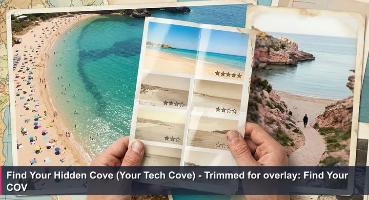 Overhead view from the hill above Horseshoe Bay: hands holding a glossy “Top 10 Bermuda Beaches” brochure, crowded main crescent on the left, a narrow path to a hidden cove on the right, turquoise water, a laptop bag on a rock.