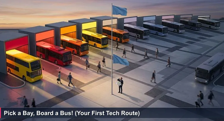 Late-afternoon Hamilton bus terminal with ten glowing bay signs; one person stands under the flagpole holding a paper map, choosing a route while buses and commuters move around them.