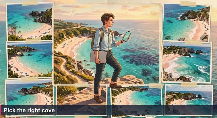 Person in office clothes with a laptop standing on a cliff path above Horseshoe Bay at golden hour, looking down at ten turquoise coves while holding a phone showing a ‘Top 10’ map.
