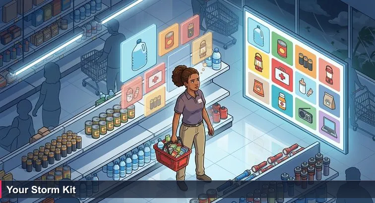A Bermudian woman pauses in a crowded Hamilton supermarket aisle before a hurricane, trolley full of supplies, poster reading 'TOP 10 HURRICANE ESSENTIALS' behind her, laptop open with code.