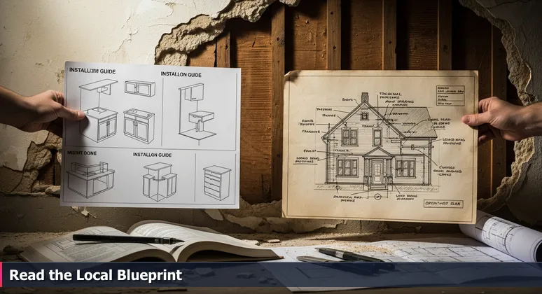 Hands holding a generic blueprint and a detailed, annotated architectural plan over a demolished wall, symbolizing the need for local industry knowledge in AI careers.