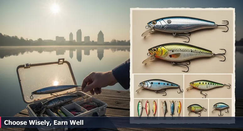 An open fishing tackle box at Lake Tobesofkee in Macon, GA, with a hand choosing between a shiny lure and a worn local lure, reflecting the city skyline in the water.