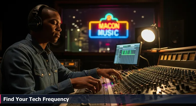 A session musician in a Macon recording studio, focused on a mixing board with headphones, symbolizing tech professionals as the essential backbone in defense and healthtech.