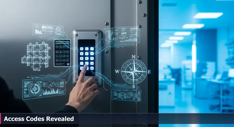 A person standing before a locked door with a keypad, door slightly open revealing a high-tech lab, with access codes listed on a sticker, symbolizing funding opportunities for tech training in Macon, GA.