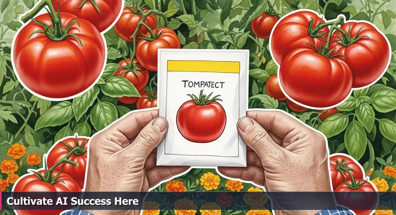 Weathered gardener hands hold a seed packet with a perfect tomato drawing, with a blurred background of a companion-planted garden with tomatoes, basil, and marigolds.