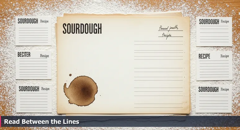 Two sourdough recipe cards on a flour-dusted kitchen counter, one with a coffee stain and handwritten note about humidity, symbolizing hidden factors in choosing AI bootcamps for Macon's local market.