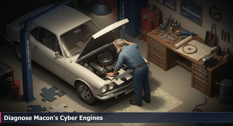 A mechanic intently listening to a car engine in a garage, representing the diagnostic skills needed for cybersecurity careers in Macon, GA.