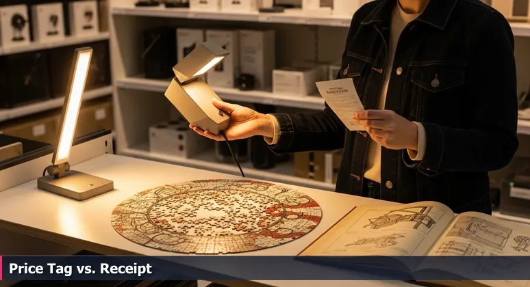 A person in a home goods store holding a desk lamp with a $99 price tag and looking puzzled at a receipt, symbolizing hidden costs in tech job relocation to Macon, GA