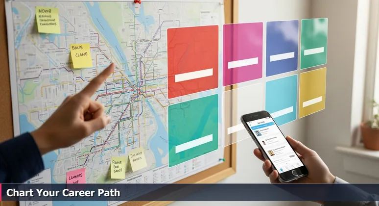 A finger points to routes on a detailed public bus map pinned to a community center bulletin board, with a smartphone showing a tech job listing, symbolizing the journey to free tech training in Macon, GA.