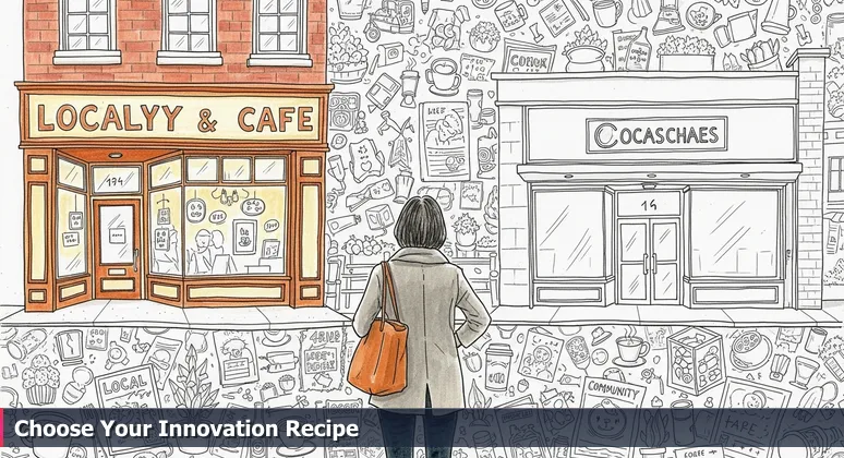 A person at a crossroads in downtown Macon, choosing between a corporate building and a vibrant community space, symbolizing the selection of tech coworking hubs.