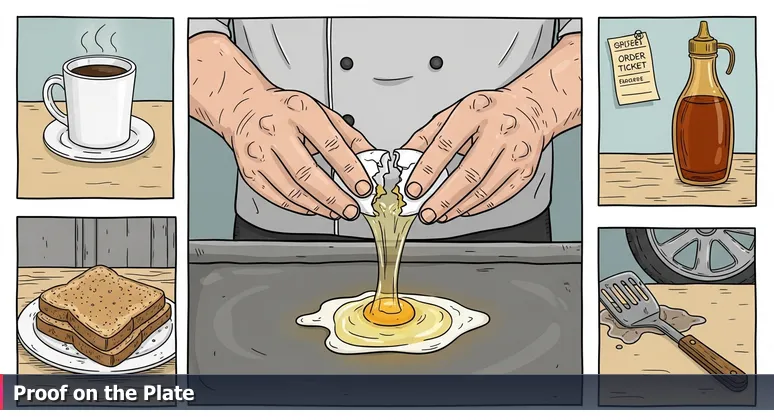 Close-up of a cook's hands cracking an egg on a hot griddle at a Macon diner, with a handwritten order ticket reading '2 eggs, over-medium' in the background.