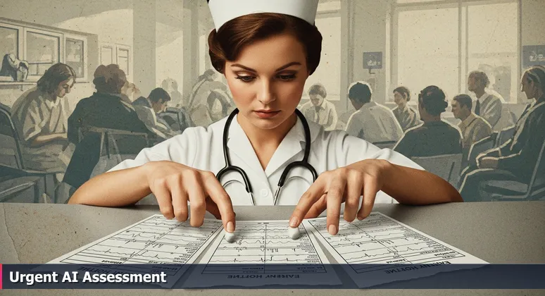 A triage nurse in a Cleveland hospital evaluating AI startup charts, symbolizing urgent assessment of innovation potential in 2026.