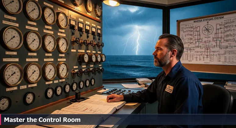 A technician monitoring analog gauges in a Cleveland control room during a storm, representing AI career resilience in essential systems.