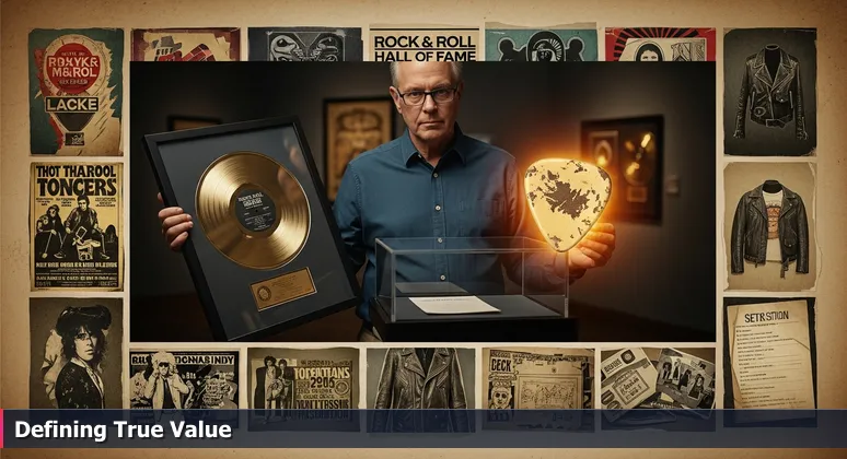 A curator at Cleveland's Rock & Roll Hall of Fame holding a gold record and a guitar pick, symbolizing career choices in tech compensation.