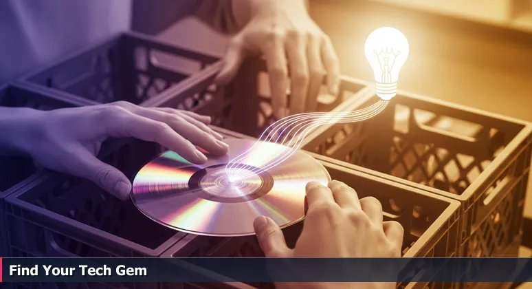 Hands flipping through vinyl records in a record store, discovering a mint-condition album, symbolizing hidden value in Cleveland's tech scene for AI and healthtech careers.