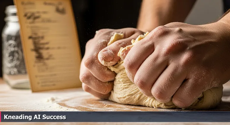 Hands kneading bread dough on a floured surface, symbolizing the hands-on learning required for AI engineering in Cleveland's tech ecosystem.