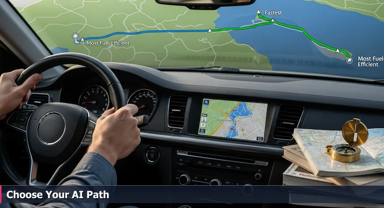 Close-up of steering wheel and GPS screen with multiple routes, symbolizing career path choices in AI salaries for Cleveland, OH in 2026.