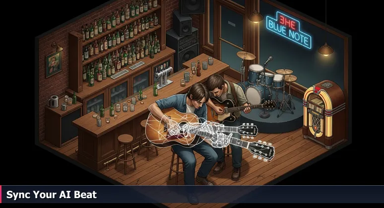 Two musicians in a Cleveland blues bar collaborating on guitar techniques, symbolizing the shared learning in AI networking events for 2026.