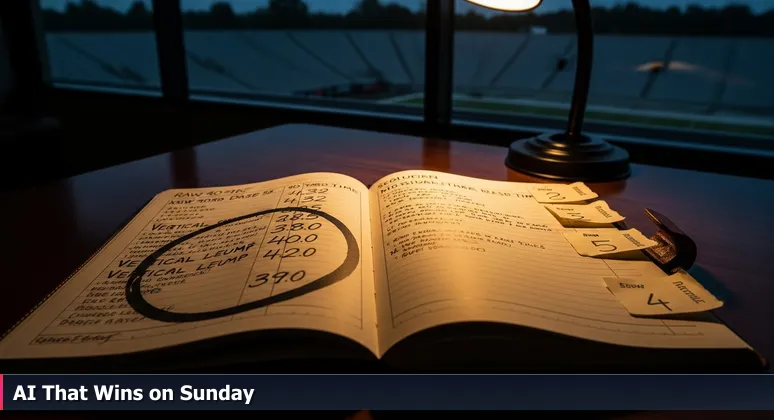 Close-up of a football scout's notepad with handwritten rankings of AI companies in Cleveland, blending combine metrics with job market data.
