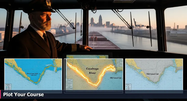 A captain at the helm of a ship on the Cuyahoga River, with navigational charts showing Cleveland tech job pathways like apprenticeships and internships against the skyline.