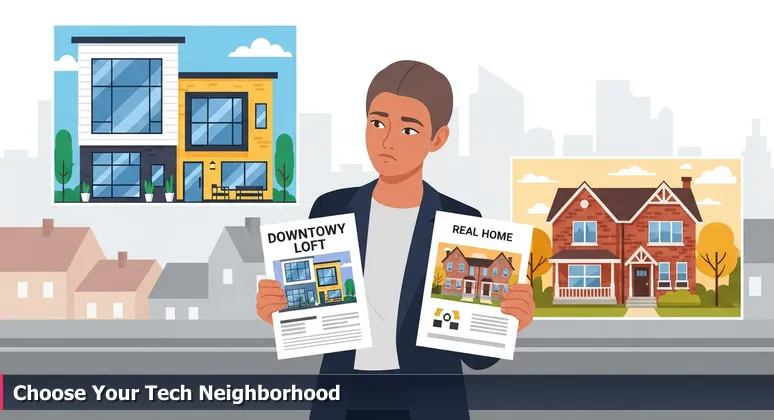 A person in Cleveland comparing bootcamp options, symbolized by holding real estate flyers for different neighborhoods, representing career choices.