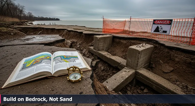 Close-up of Cleveland's Lake Erie shoreline showing eroded clay cliffs next to a solid concrete pier, with danger signs warning of unstable ground, symbolizing cybersecurity career opportunities and risks.