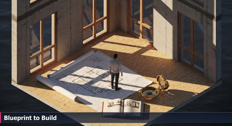 A person standing in an unfinished luxury apartment with sunlight streaming through windows, an architectural blueprint on the floor, symbolizing the potential of a tech career in Cleveland.