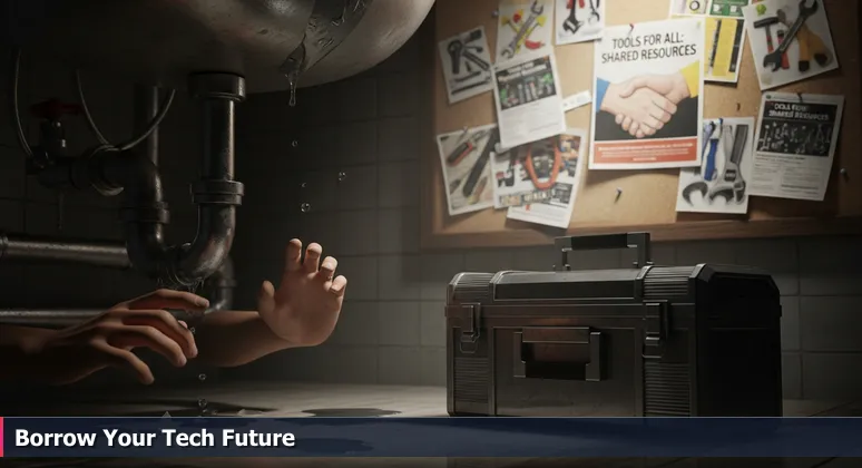 Hands hesitating over a home repair with a toolbox and community bulletin board for free tool library services in Cleveland, symbolizing accessible tech training.