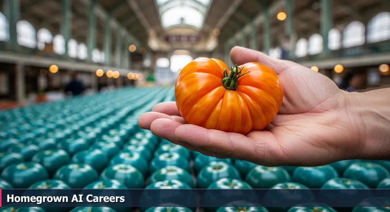 A chef's hand at Cleveland's West Side Market holding a vibrant heirloom tomato, symbolizing local AI career opportunities beyond big tech.