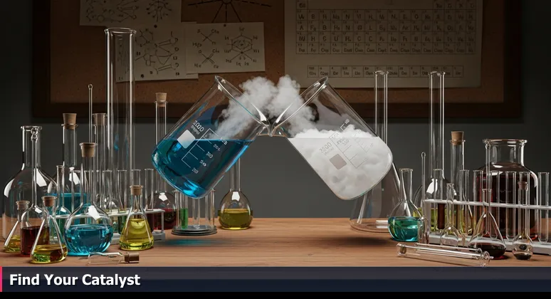 A vintage chemistry lab scene with two beakers containing blue and white liquids on a wooden bench, ready to mix, with periodic tables in the background.