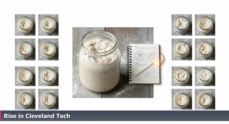 Close-up of hands holding a jar of bubbling sourdough starter on a wooden counter with notebook and flour, symbolizing nurturing junior developer careers in Cleveland startups.