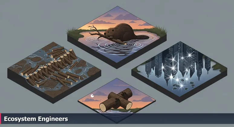 A beaver building a dam at dusk in a Cleveland wetland, with the city skyline reflected in the water, symbolizing foundational support for women in tech.