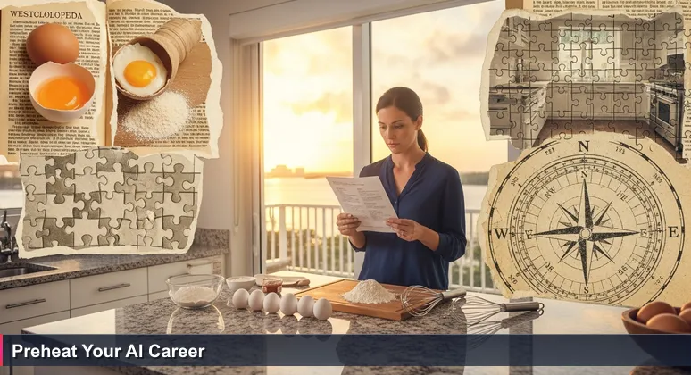 A person in a bright kitchen with West Palm Beach sunset, focused on a recipe but disconnected, representing the gap between AI theory and local practice.