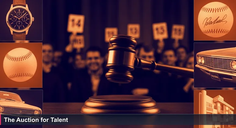 Auctioneer's gavel frozen mid-air above a wooden block, with out-of-focus bidders holding paddles in the background, symbolizing the competitive tech job market in West Palm Beach.