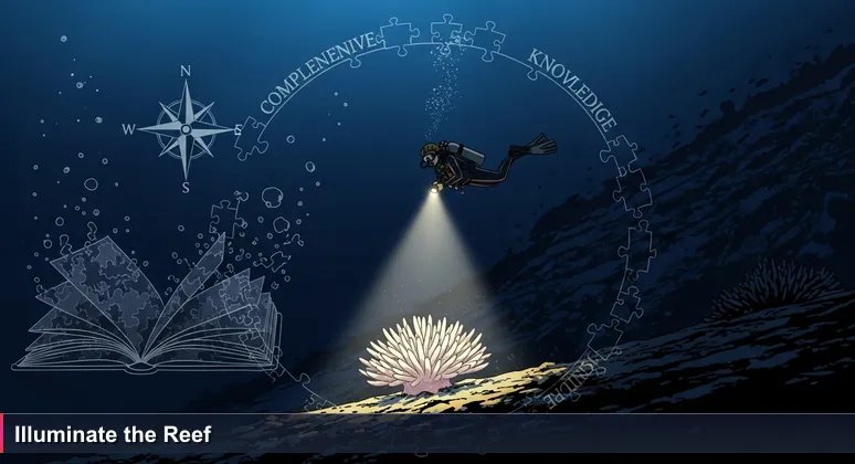 A scuba diver focusing a light on a single coral in a dark reef, symbolizing the isolation of solo AI learning versus the community needed for growth.
