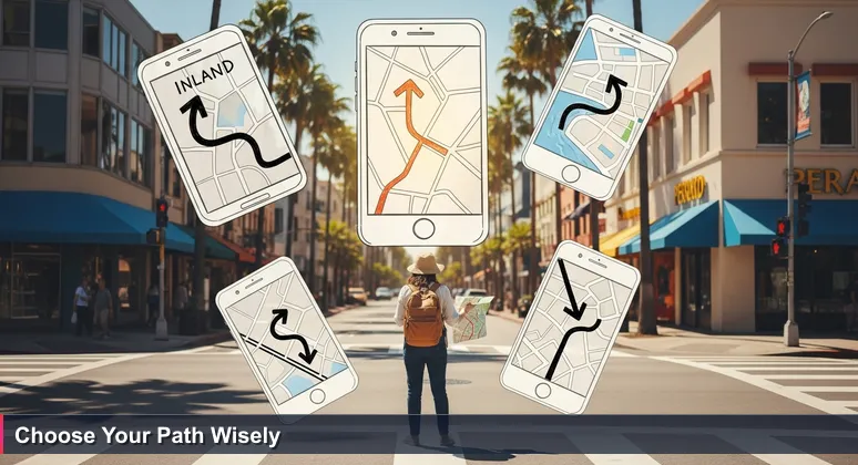 A person at a sunny West Palm Beach intersection, confused while checking multiple navigation apps on a smartphone, representing the challenge of choosing an AI bootcamp.
