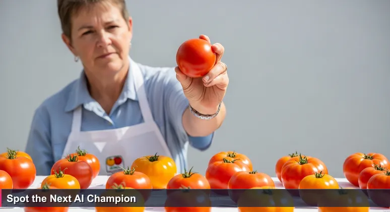 A judge at the Palm Beach County Fair examining a ripe tomato, symbolizing the careful evaluation of AI startups in West Palm Beach's 2026 tech scene.