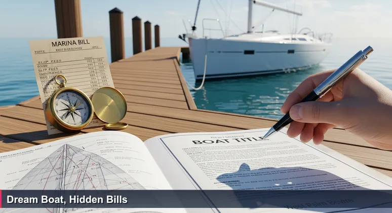 A sailboat on a sun-bleached dock in West Palm Beach, with a hand signing a boat title and a marina bill visible, symbolizing the balance between tech salaries and living expenses.