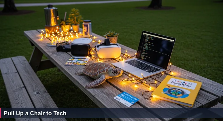 A wooden picnic table in a West Palm Beach park at dusk, with tech items like a laptop, VR headset, 3D-printed sea turtle, and library card, symbolizing free skill learning opportunities
