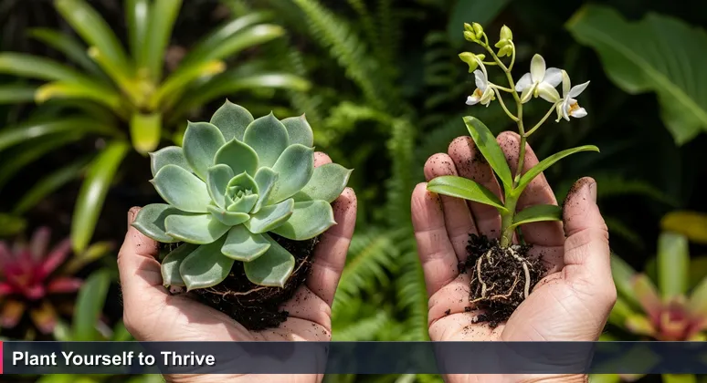 Weathered hands of a gardener holding a succulent and an orchid seedling in a sunny Florida garden, symbolizing tailored workspace choices for tech professionals.