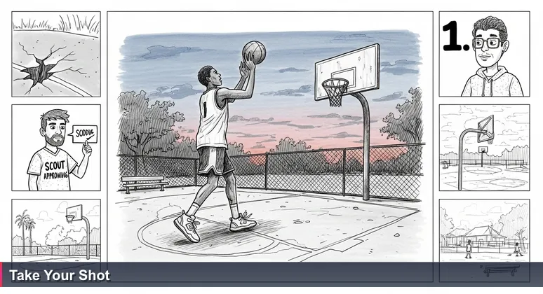 A basketball player shooting a three-pointer on a worn court at South Olive Park in West Palm Beach at dusk, with a scout nodding in approval, symbolizing skill-based tech careers in the local market.