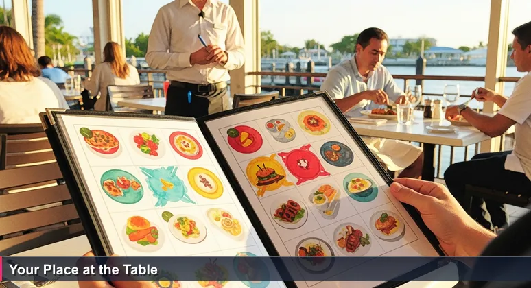 A close-up of hands holding a crowded restaurant menu at a West Palm Beach waterfront eatery, symbolizing the overwhelming tech job choices for junior developers.