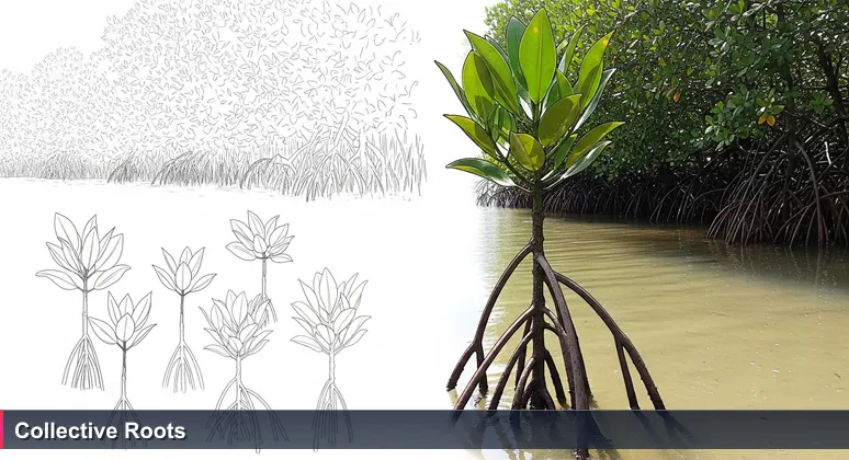 A mangrove sapling with roots reaching into Lake Worth Lagoon's water, symbolizing the interconnected network of women in tech in West Palm Beach.