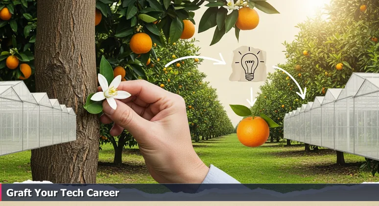 A hand holding an orange blossom against a mature tree in a grove, symbolizing strategic tech career growth in Orange County, CA.