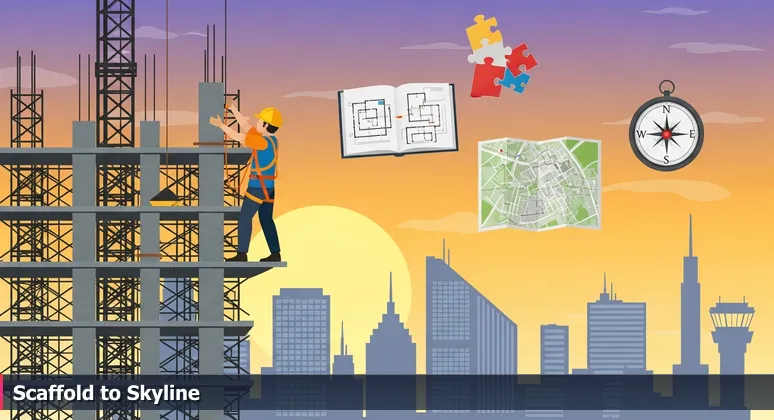 A construction worker on scaffolding against the Irvine skyline at golden hour, symbolizing financial support for building a tech career in Orange County.