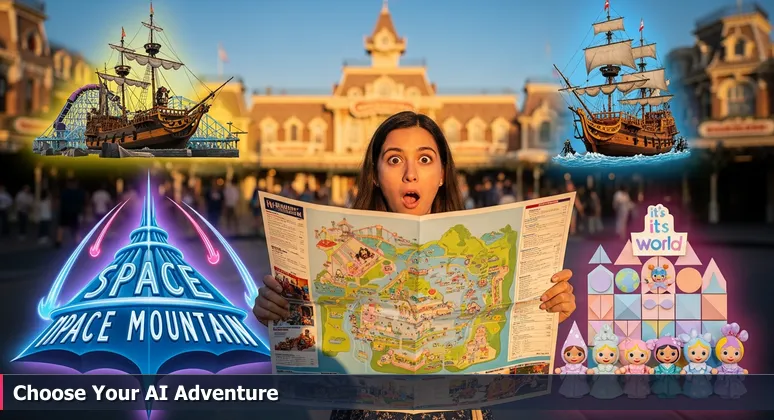 A person at Disneyland entrance holding a colorful park map, symbolizing career paths for AI engineers in Orange County, CA.