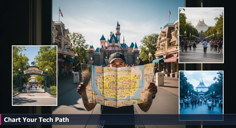 A young adult holding a Disneyland map, looking excited and overwhelmed at the park entrance with various attractions visible.